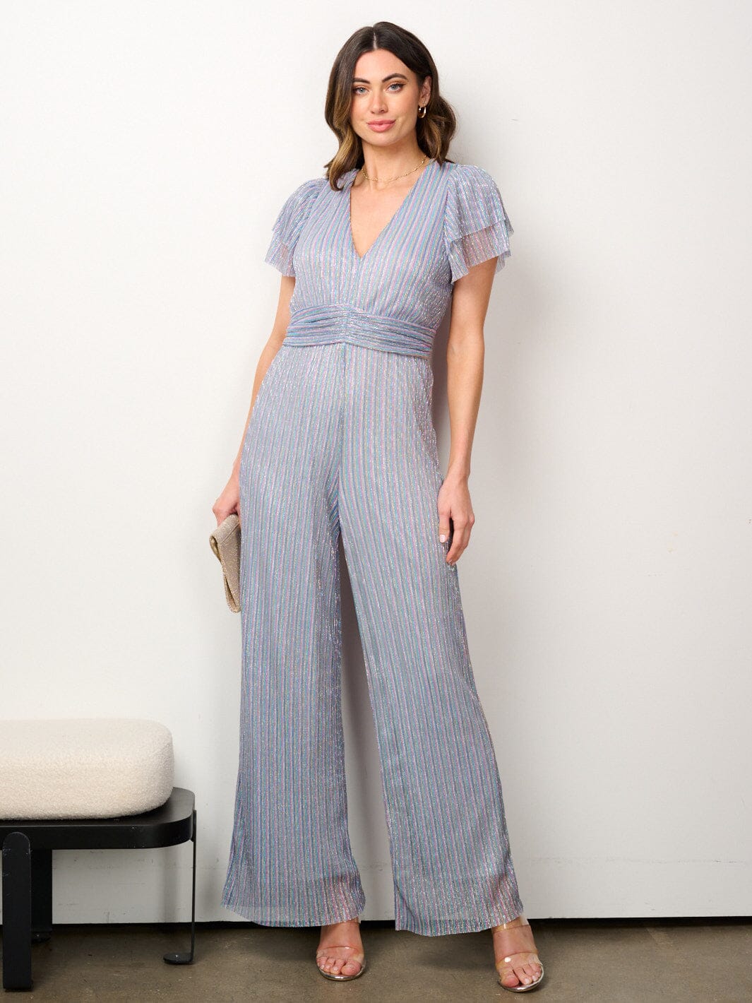 WOMEN'S SHORT SLEEVE V-NECK WIDE LEG SHIMMER JUMPSUIT