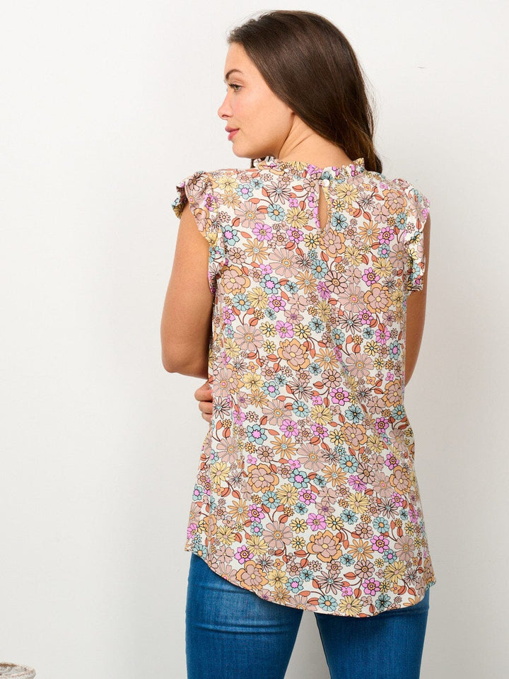WOMEN'S RUFFLE SLEEVE MOCK NECK FLORAL BLOUSE TOP