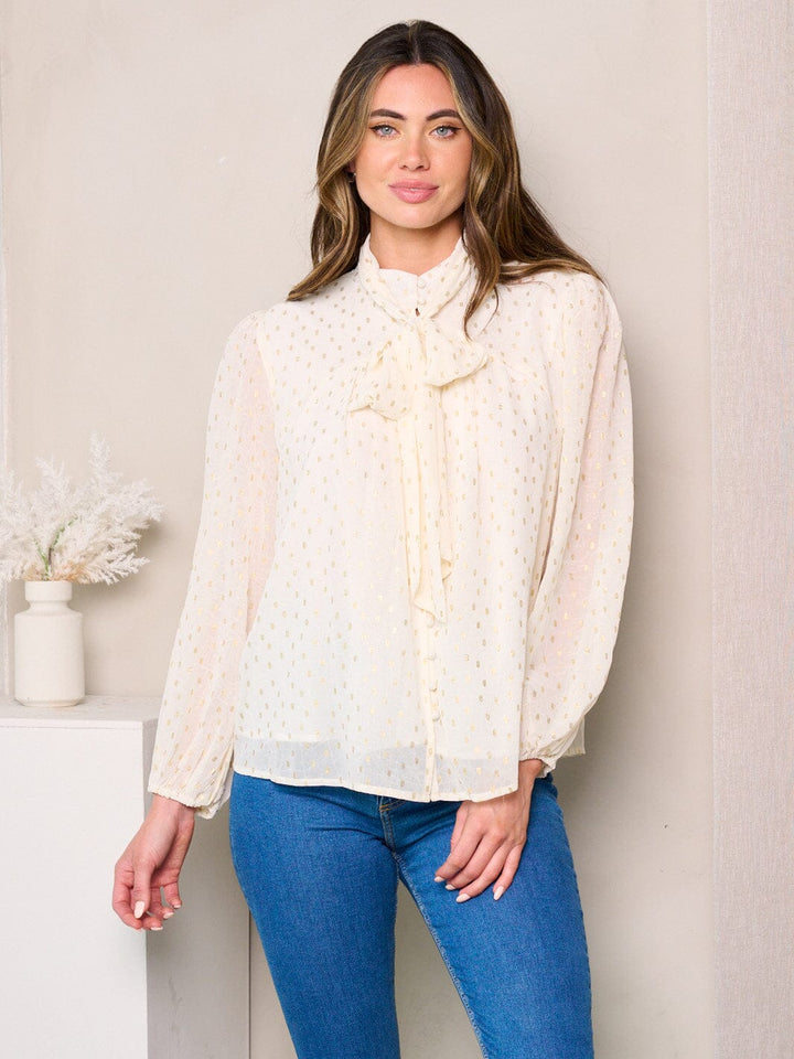 WOMEN'S LONG SLEEVE NECK TIE SHIMMER DETAILED BLOUSE TOP