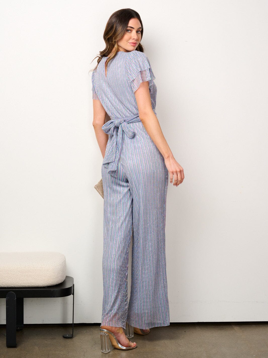 WOMEN'S SHORT SLEEVE V-NECK WIDE LEG SHIMMER JUMPSUIT