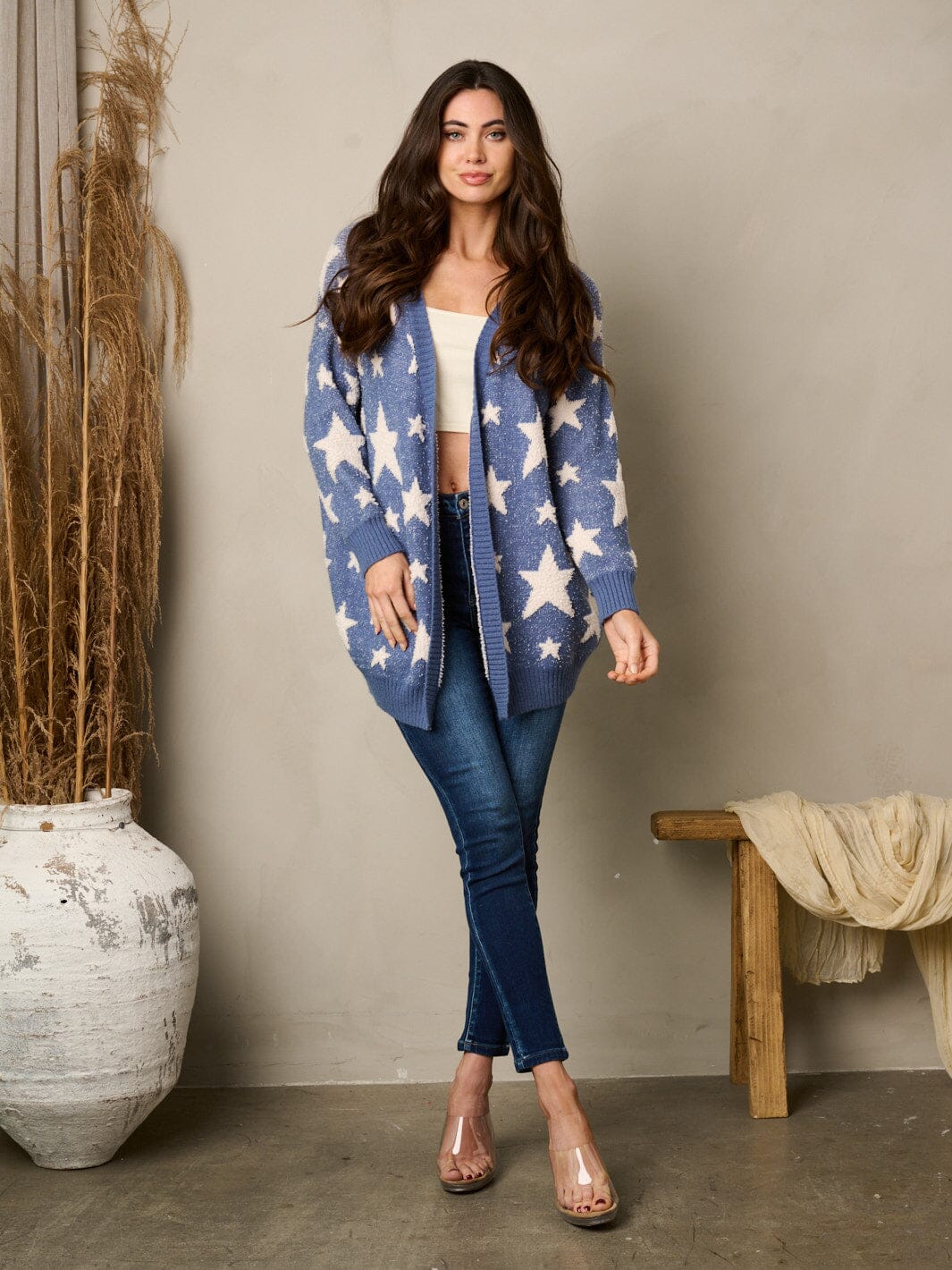 WOMEN'S LONG SLEEVE STARS PRINT CARDIGAN