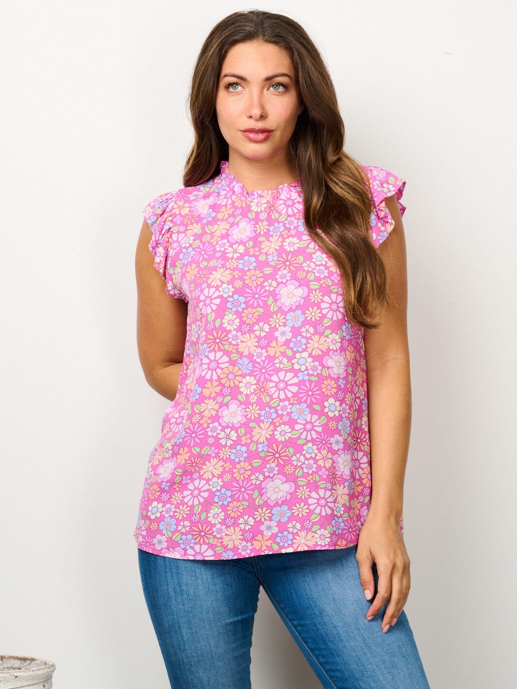WOMEN'S RUFFLE SLEEVE MOCK NECK FLORAL BLOUSE TOP