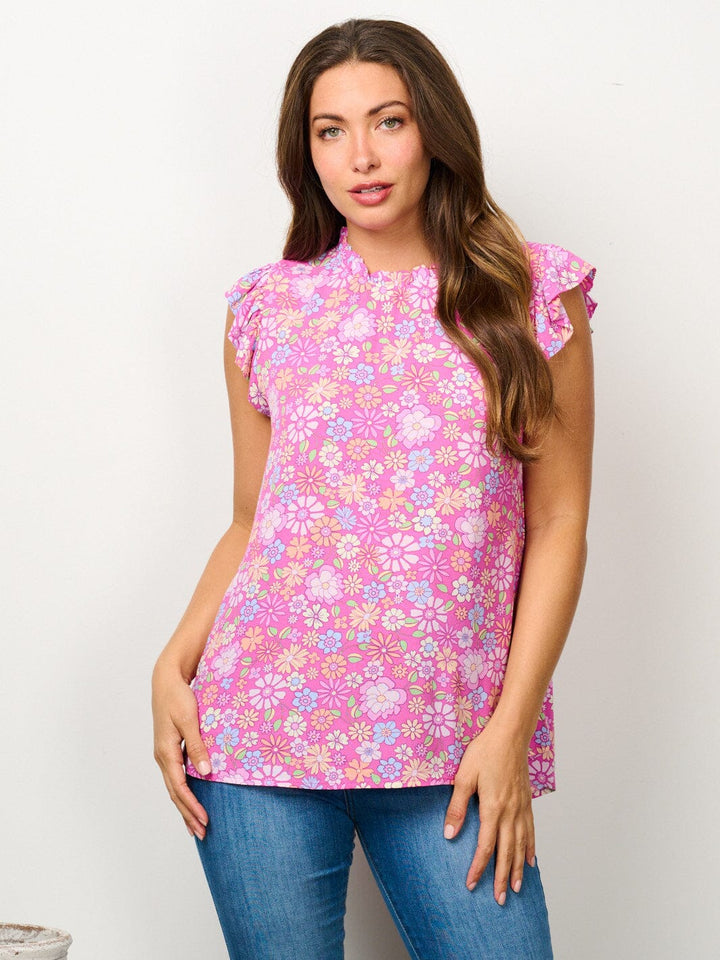 WOMEN'S RUFFLE SLEEVE MOCK NECK FLORAL BLOUSE TOP