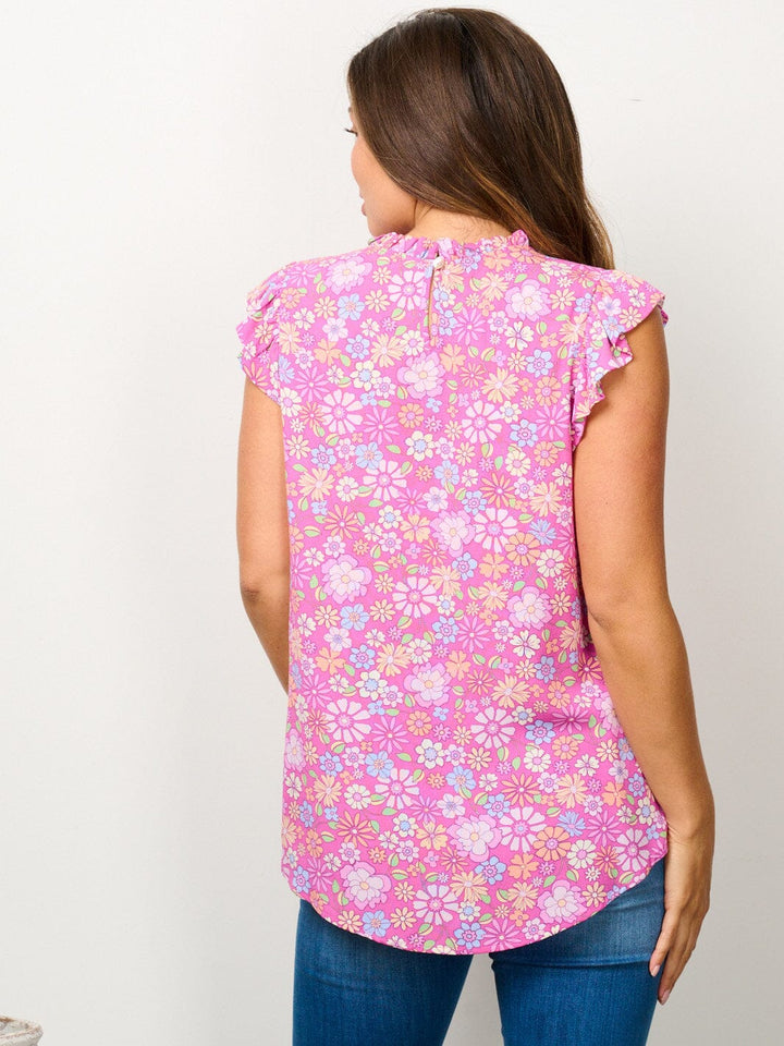 WOMEN'S RUFFLE SLEEVE MOCK NECK FLORAL BLOUSE TOP