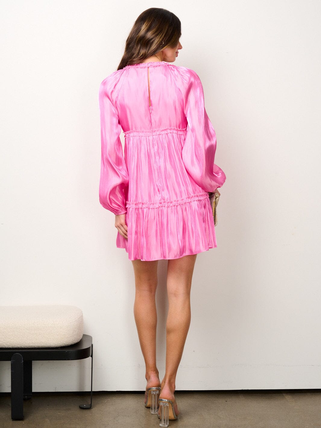 WOMEN'S LONG SLEEVE TIERED SHIMMER MINI DRESS