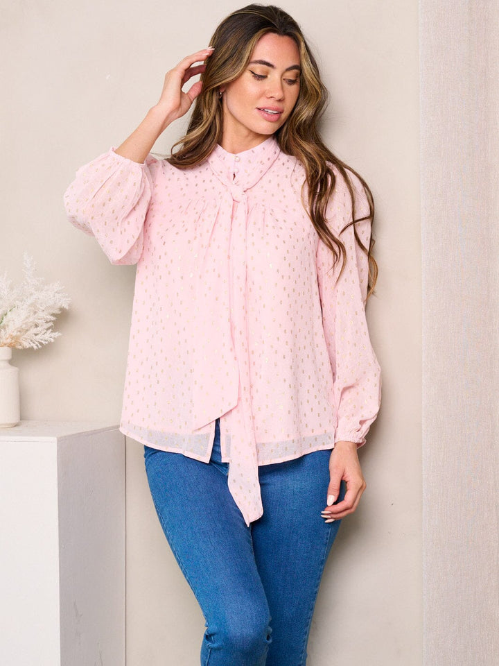 WOMEN'S LONG SLEEVE NECK TIE SHIMMER DETAILED BLOUSE TOP