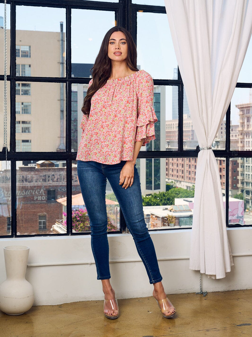 WOMEN'S OFF SHOULDER RUFFLE SLEEVE TUNIC FLORAL TOP