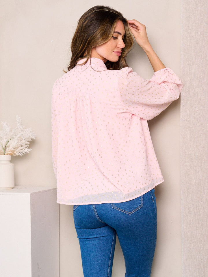 WOMEN'S LONG SLEEVE NECK TIE SHIMMER DETAILED BLOUSE TOP