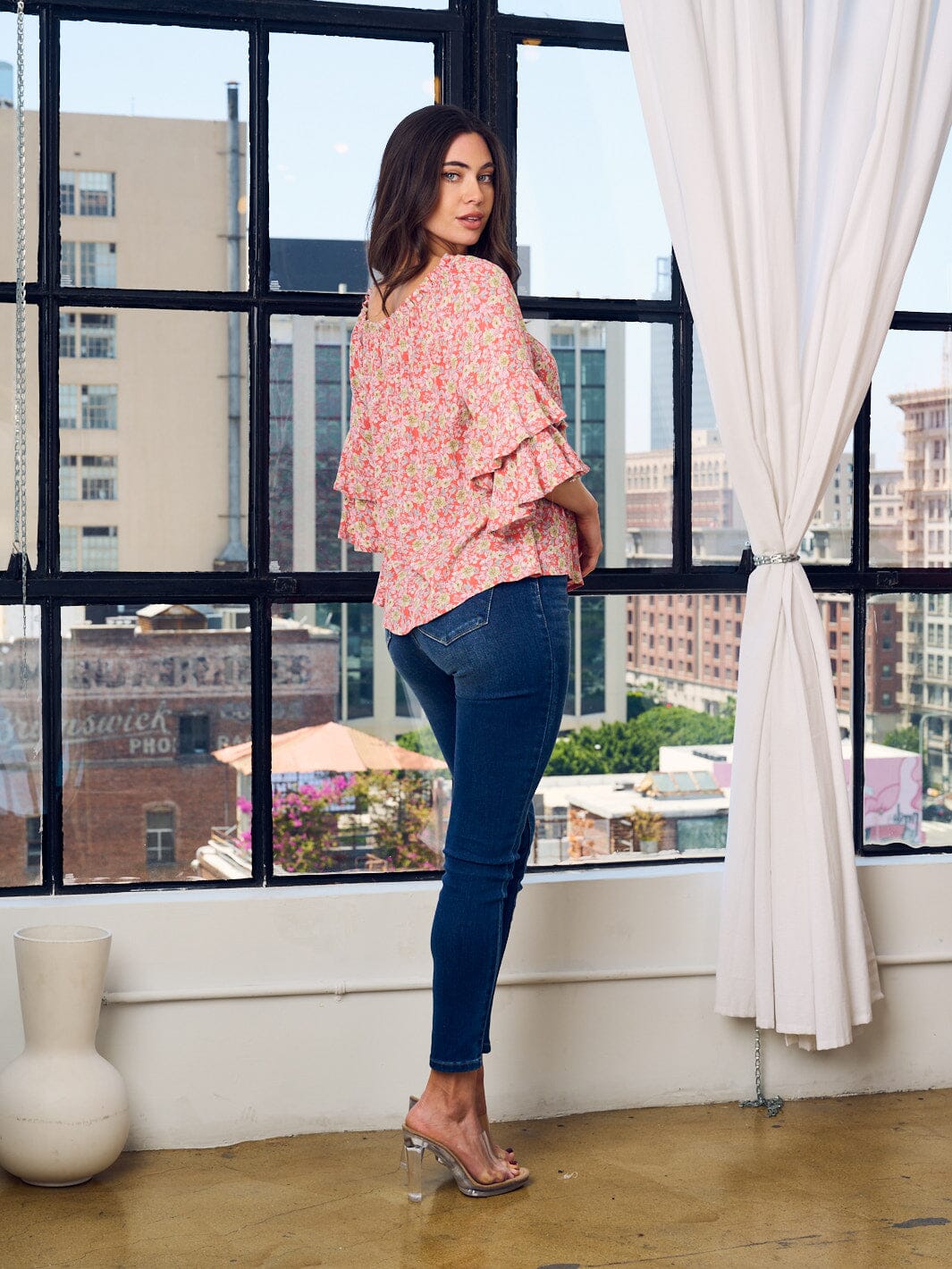 WOMEN'S OFF SHOULDER RUFFLE SLEEVE TUNIC FLORAL TOP