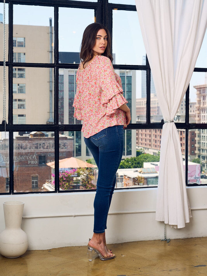 WOMEN'S OFF SHOULDER RUFFLE SLEEVE TUNIC FLORAL TOP