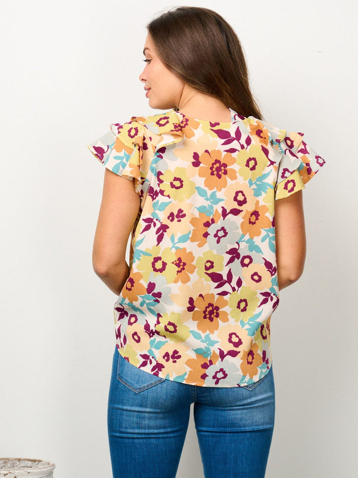 WOMEN'S SHORT RUFFLE SLEEVE V-NECK FLORAL BLOUSE TOP