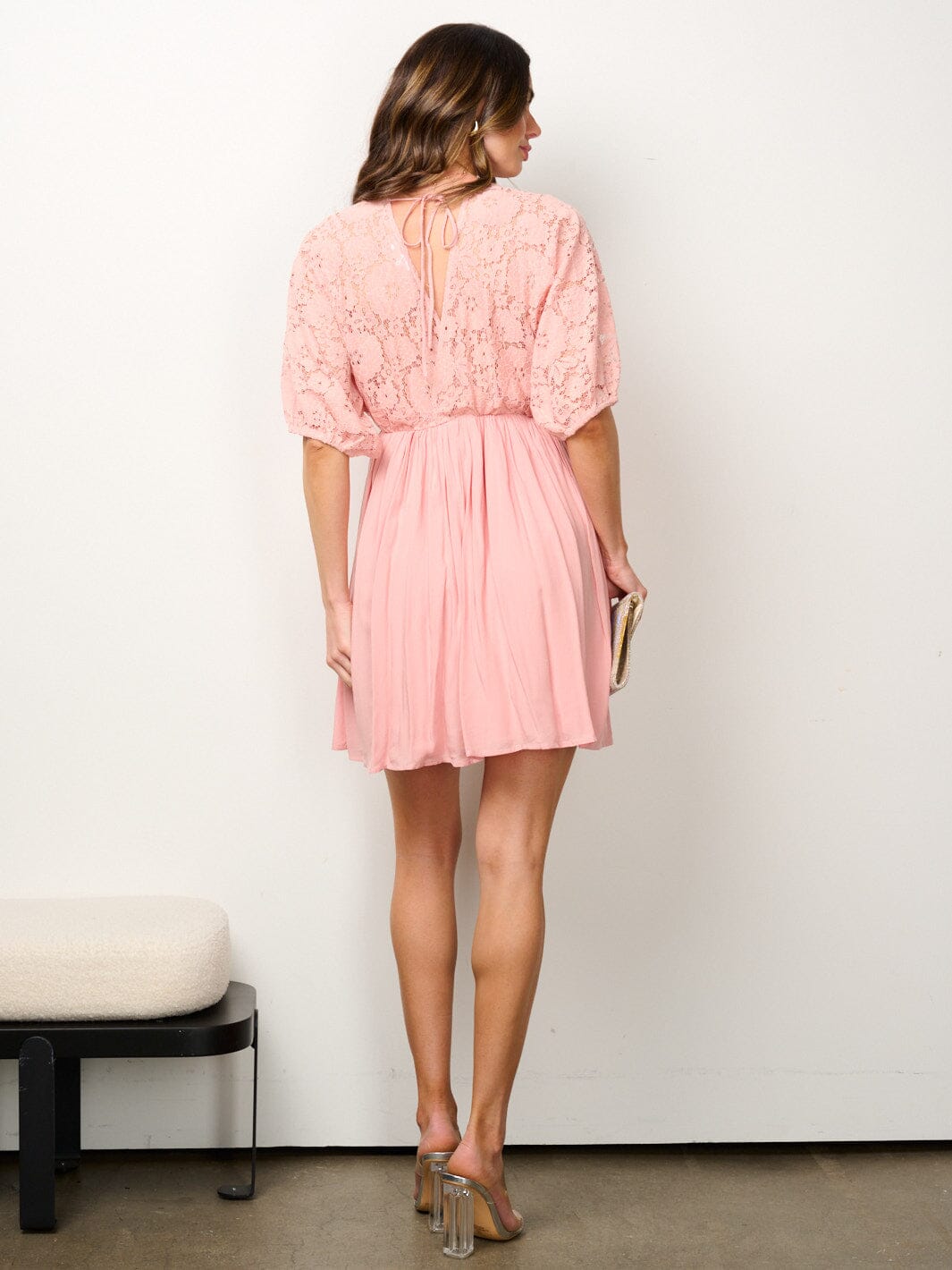 WOMEN'S 3/4 SLEEVE SURPLICE LACE FIT & FLARE MINI DRESS