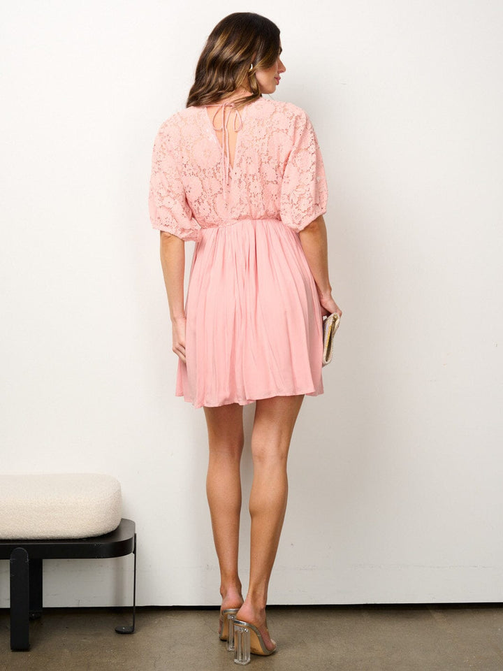 WOMEN'S 3/4 SLEEVE SURPLICE LACE FIT & FLARE MINI DRESS