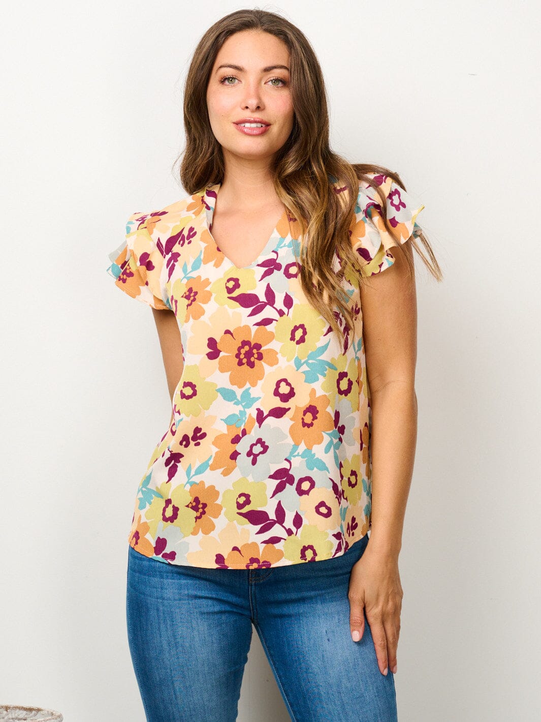 WOMEN'S SHORT RUFFLE SLEEVE V-NECK FLORAL BLOUSE TOP