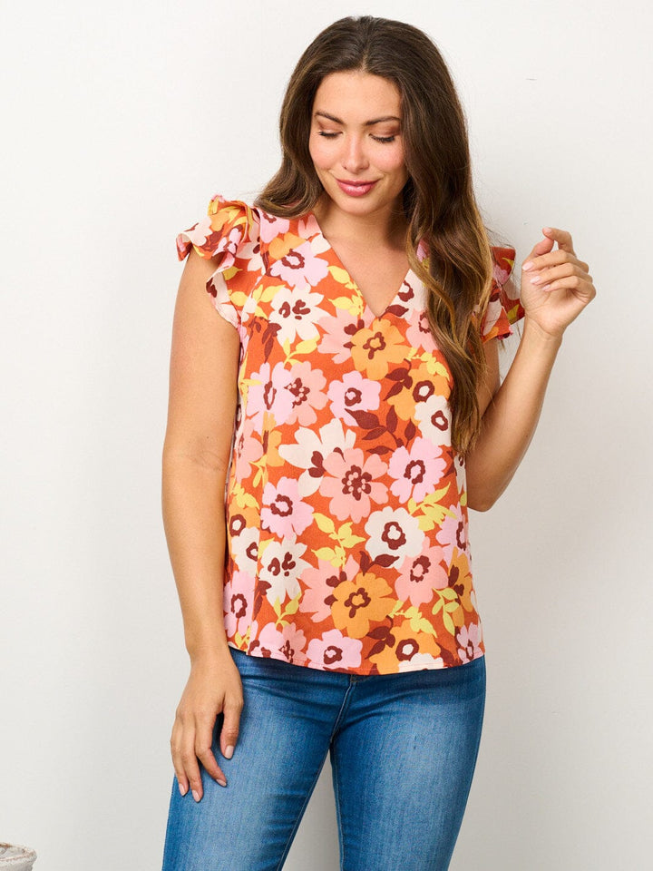 WOMEN'S SHORT RUFFLE SLEEVE V-NECK FLORAL BLOUSE TOP