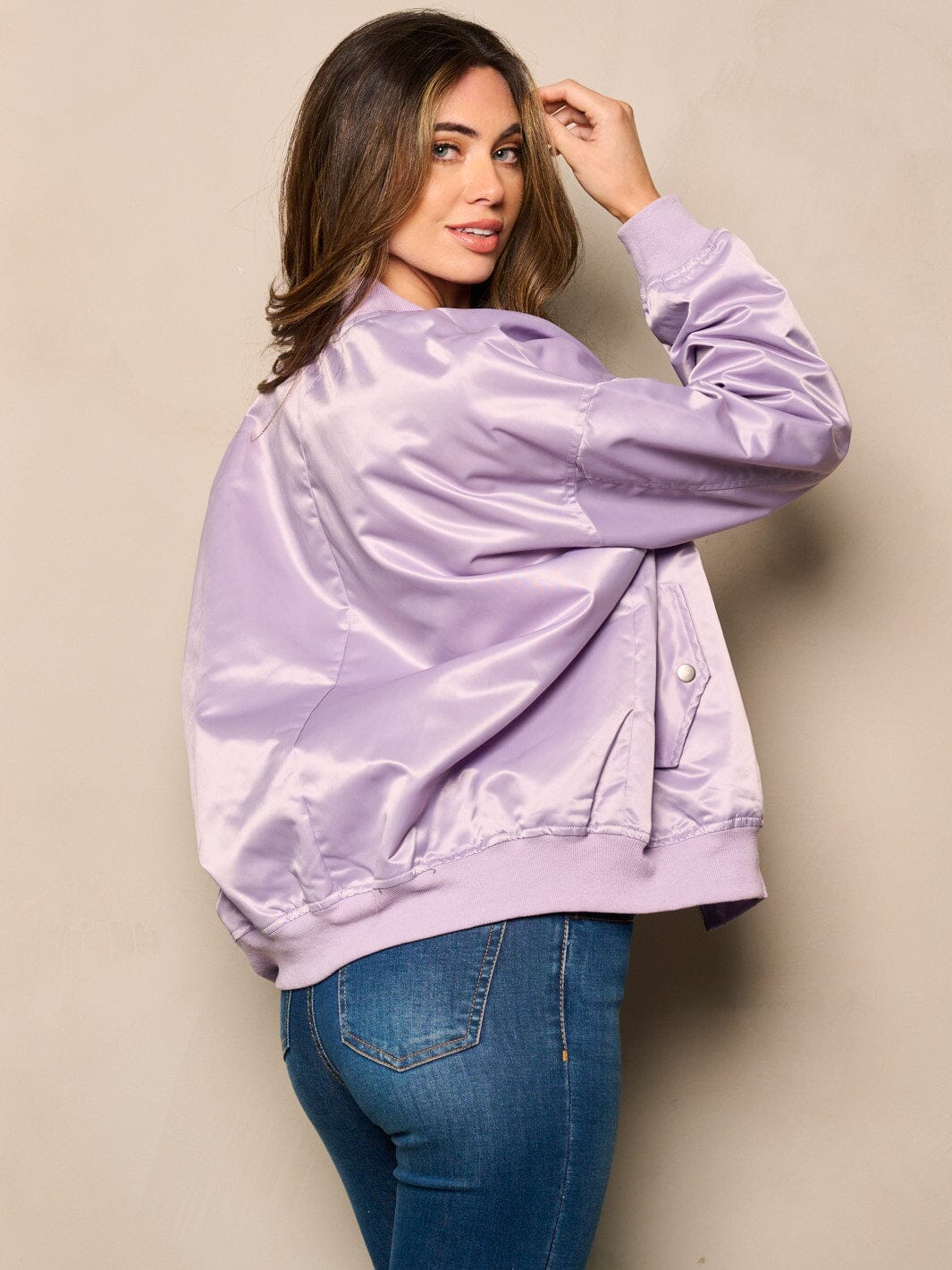 WOMEN'S LONG SLEEVE ZIP UP POCKETS SATIN BOMBER JACKET