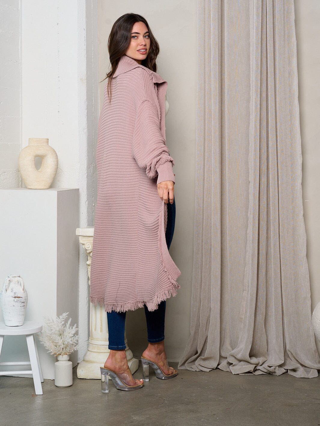WOMEN'S LONG SLEEVE RIBBED RAW EDGE CARDIGAN
