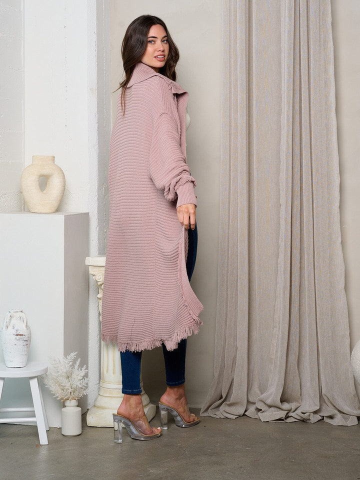 WOMEN'S LONG SLEEVE RIBBED RAW EDGE CARDIGAN
