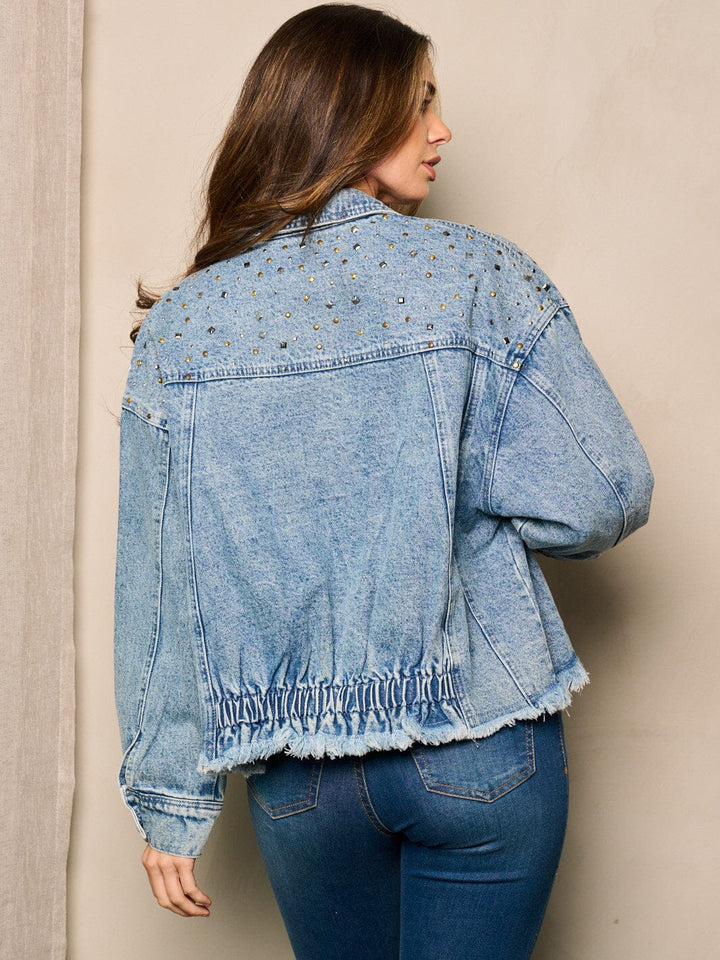 WOMEN'S LONG SLEEVE BUTTON CLOSURE STUDS DETAILED DENIM JACKET