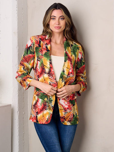 WOMEN'S 3/4 SLEEVE OPEN FRONT LEAF PRINT BLAZER