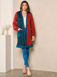 WOMEN'S LONG SLEEVE FUZZY POCKETS COLORBLOCK CARDIGAN