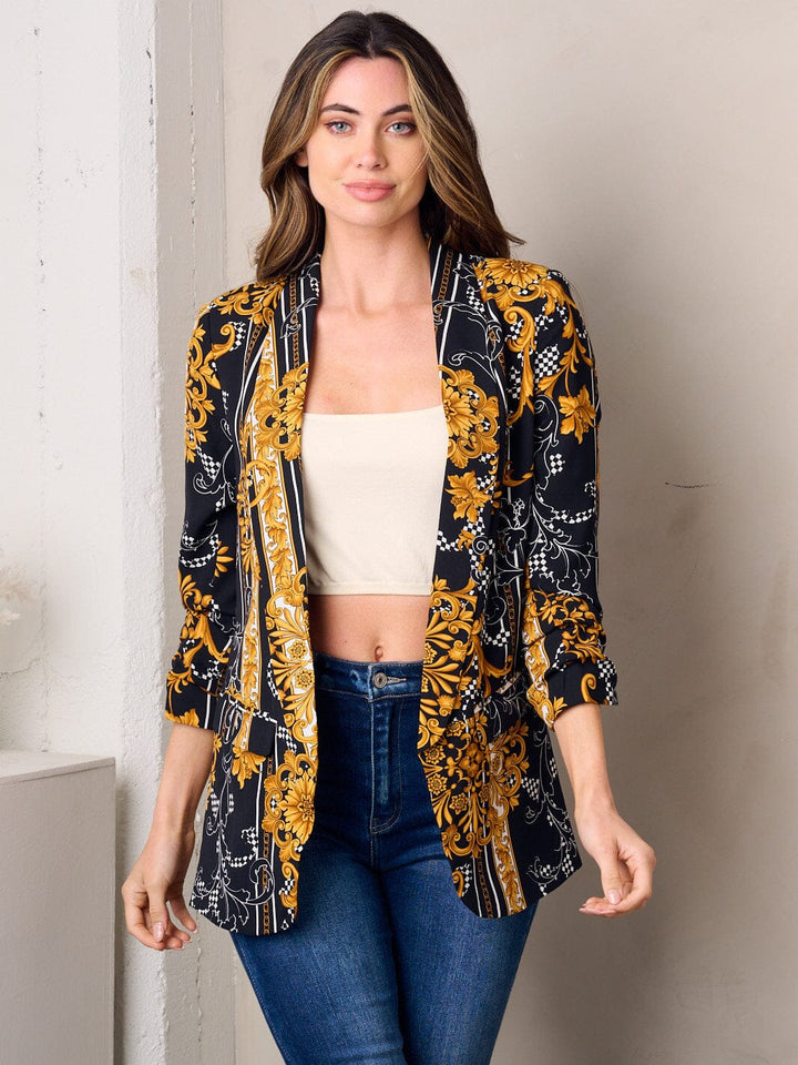 WOMEN'S 3/4 SLEEVE OPEN FRONT MULTI PRINT BLAZER