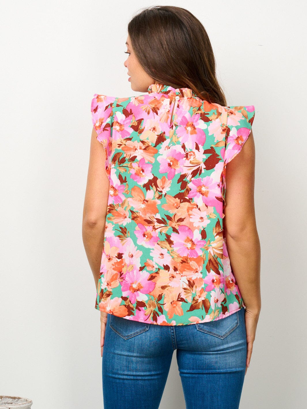 WOMEN'S SHORT RUFFLE SLEEVE MOCK NECK FLORAL BLOUSE TOP