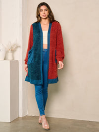 WOMEN'S LONG SLEEVE FUZZY POCKETS COLORBLOCK CARDIGAN