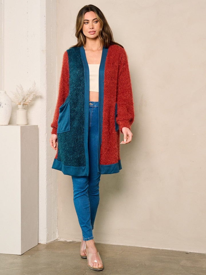 WOMEN'S LONG SLEEVE FUZZY POCKETS COLORBLOCK CARDIGAN