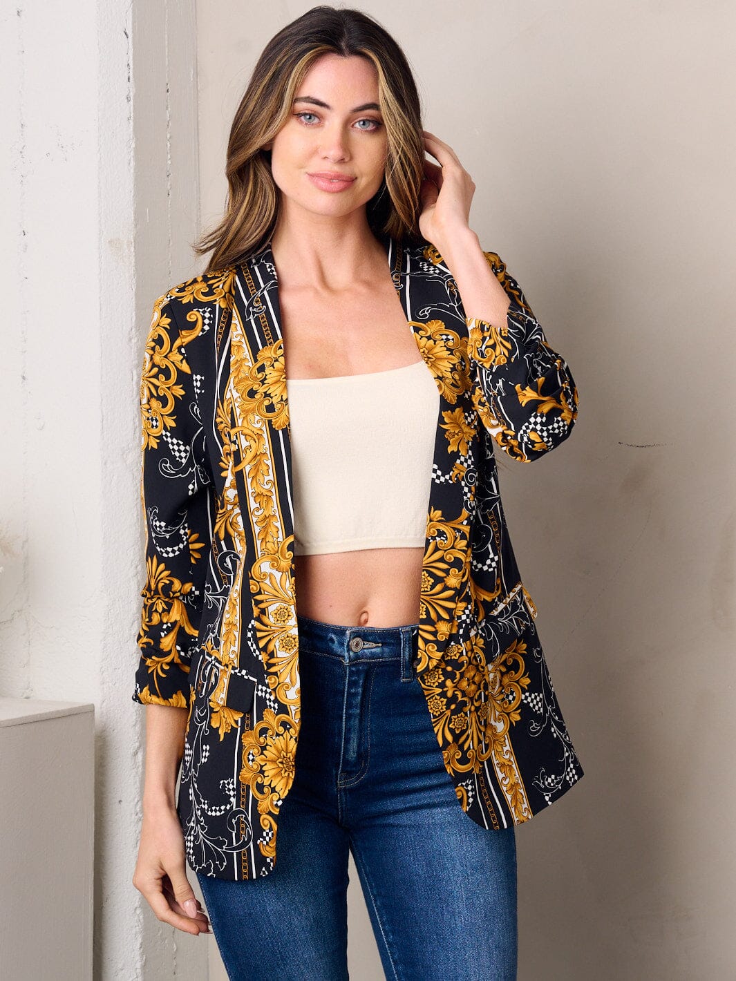 WOMEN'S 3/4 SLEEVE OPEN FRONT MULTI PRINT BLAZER