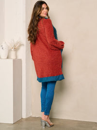 WOMEN'S LONG SLEEVE FUZZY POCKETS COLORBLOCK CARDIGAN