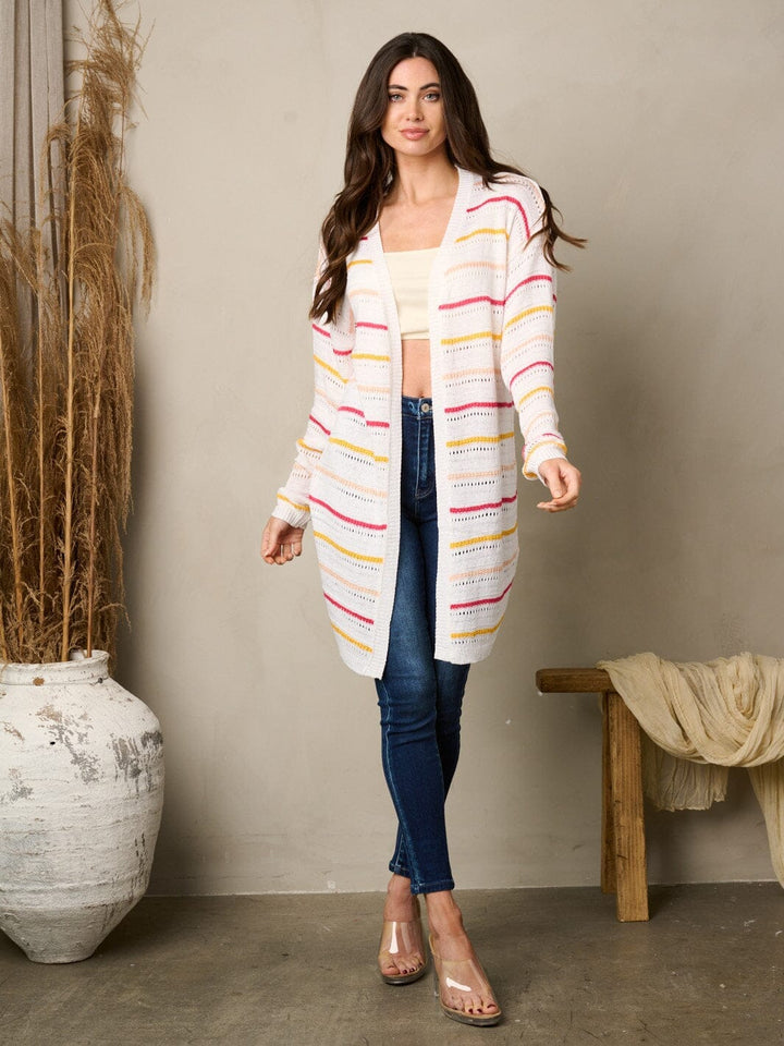 WOMEN'S LONG SLEEVE STRIPES OPEN FRONT CARDIGAN