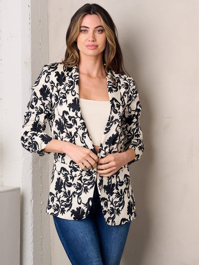 WOMEN'S 3/4 SLEEVE OPEN FRONT MULTI PRINT BLAZER