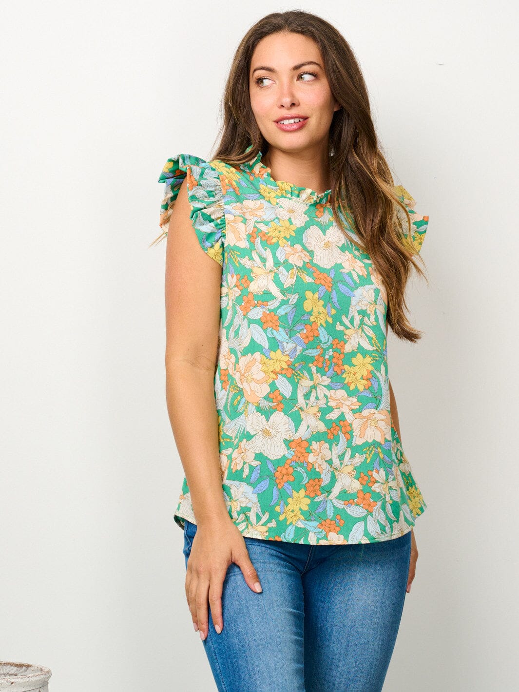 WOMEN'S RUFFLE SLEEVE MOCK NECK FLORAL BLOUSE TOP