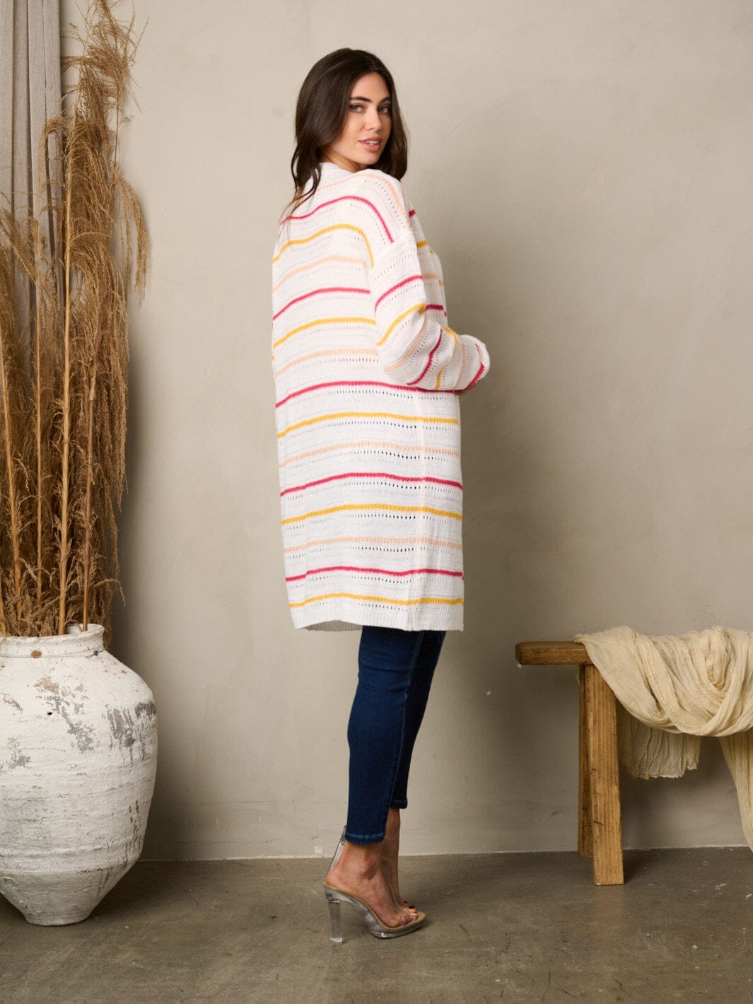 WOMEN'S LONG SLEEVE STRIPES OPEN FRONT CARDIGAN