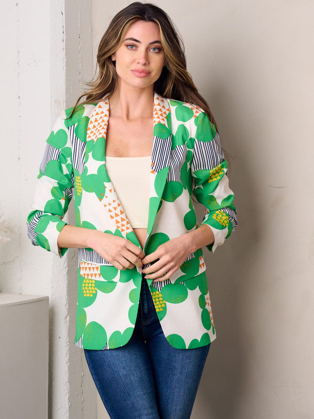 WOMEN'S 3/4 SLEEVE OPEN FRONT MULTI PRINT BLAZER