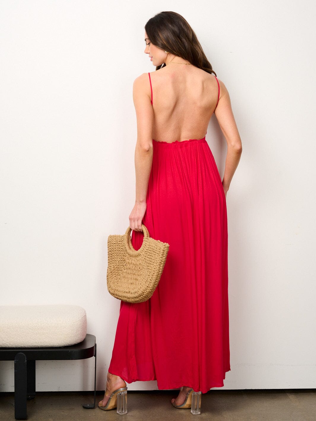 WOMEN'S SLEEVELESS V-NECK CROCHET DETAILED MAXI DRESS