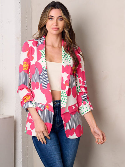 WOMEN'S 3/4 SLEEVE OPEN FRONT MULTI PRINT BLAZER