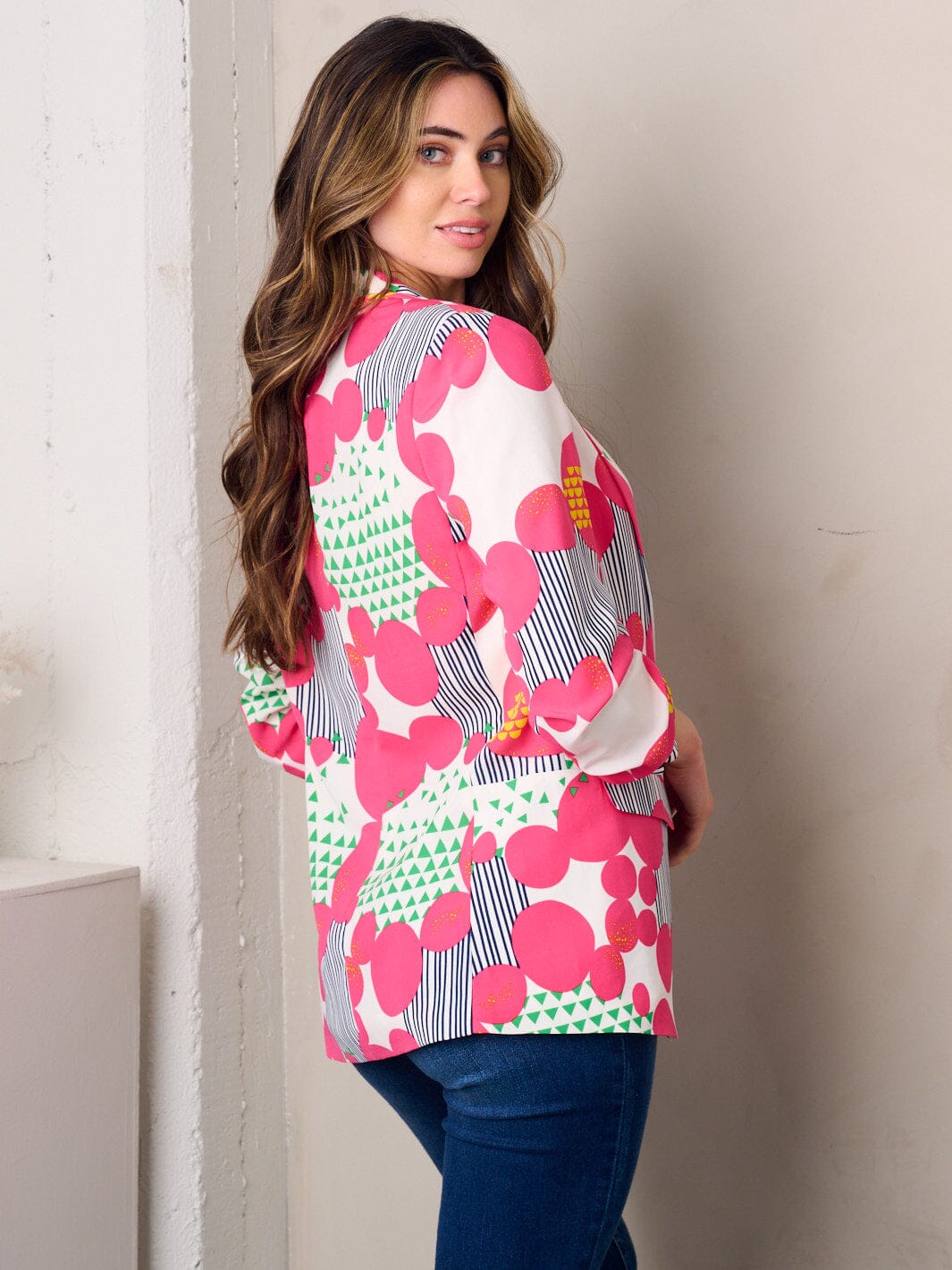 WOMEN'S 3/4 SLEEVE OPEN FRONT MULTI PRINT BLAZER