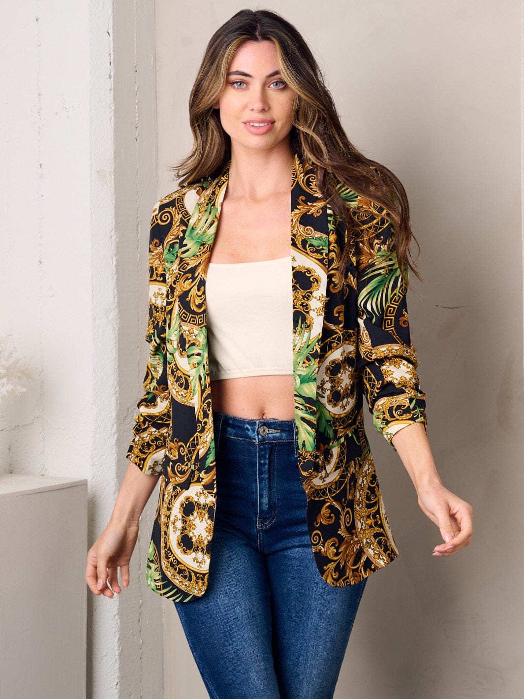 WOMEN'S 3/4 SLEEVE OPEN FRONT MULTI PRINT BLAZER