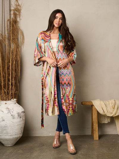 WOMEN'S 3/4 SLEEVE SELF TIE MULTI PRINT KIMONO