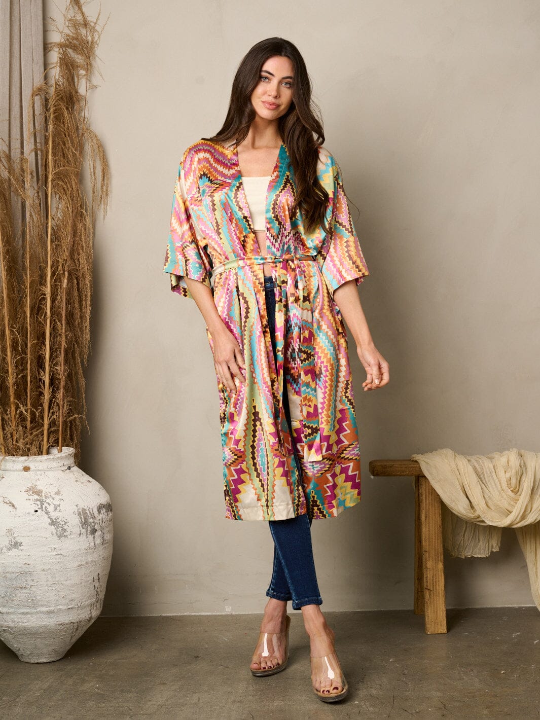 WOMEN'S 3/4 SLEEVE SELF TIE MULTI PRINT KIMONO