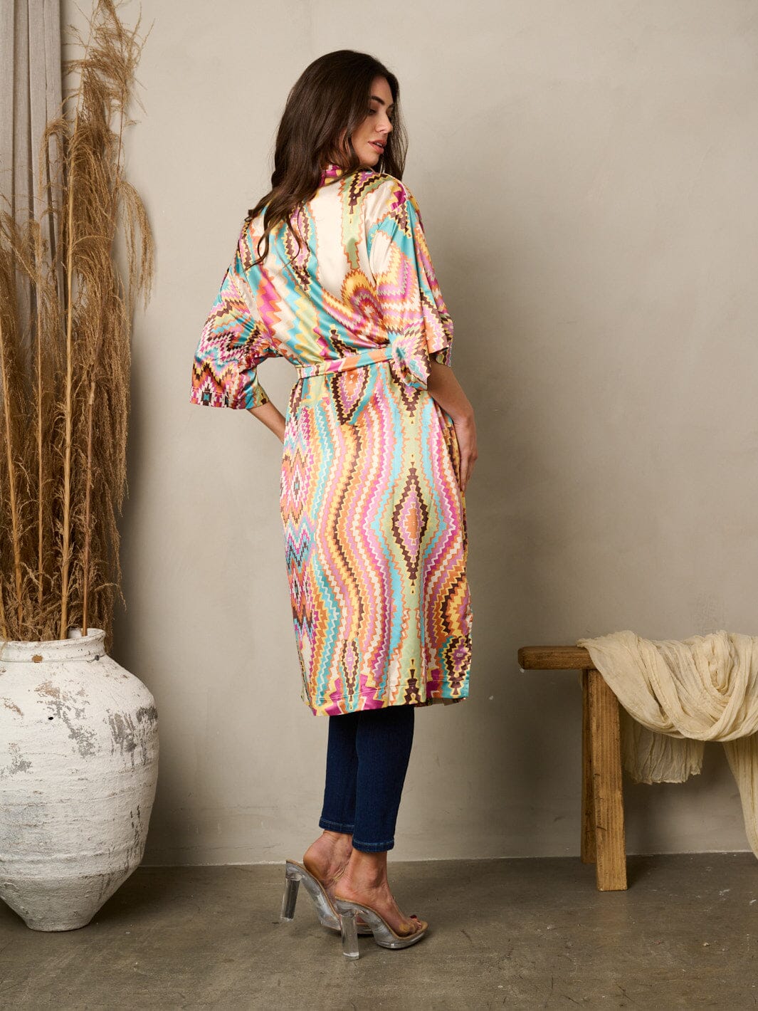 WOMEN'S 3/4 SLEEVE SELF TIE MULTI PRINT KIMONO
