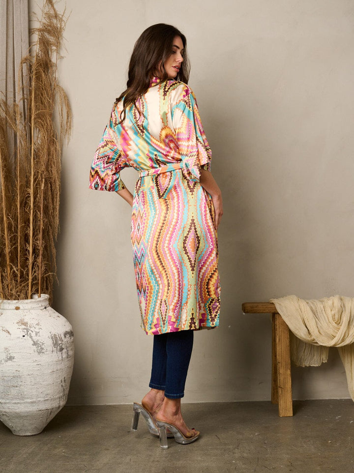 WOMEN'S 3/4 SLEEVE SELF TIE MULTI PRINT KIMONO