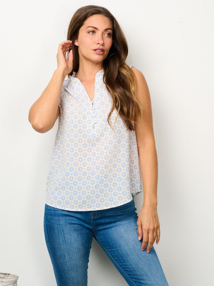 WOMEN'S RUFFLE SLEEVELESS V-NECK PRINTED TANK TOP