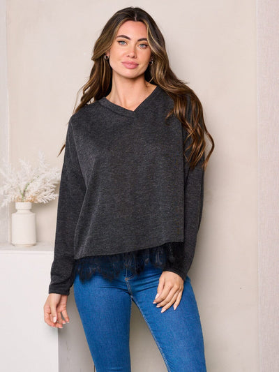 WOMEN'S LONG SLEEVES TRIM LACE DETAILED V-NECK TOP