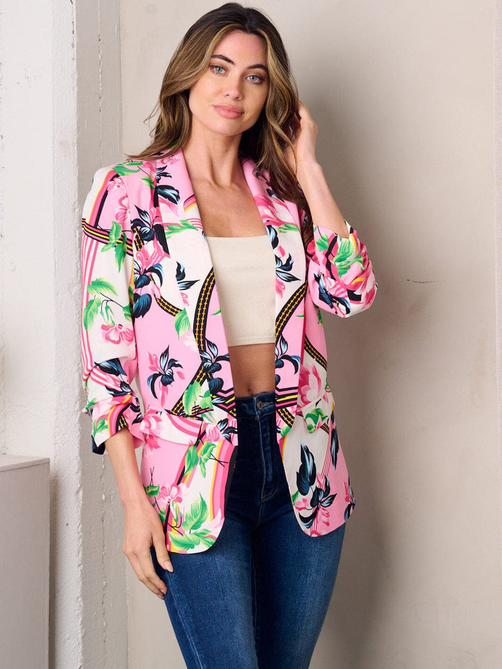 WOMEN'S 3/4 SLEEVE OPEN FRONT FLORAL PRINT BLAZER