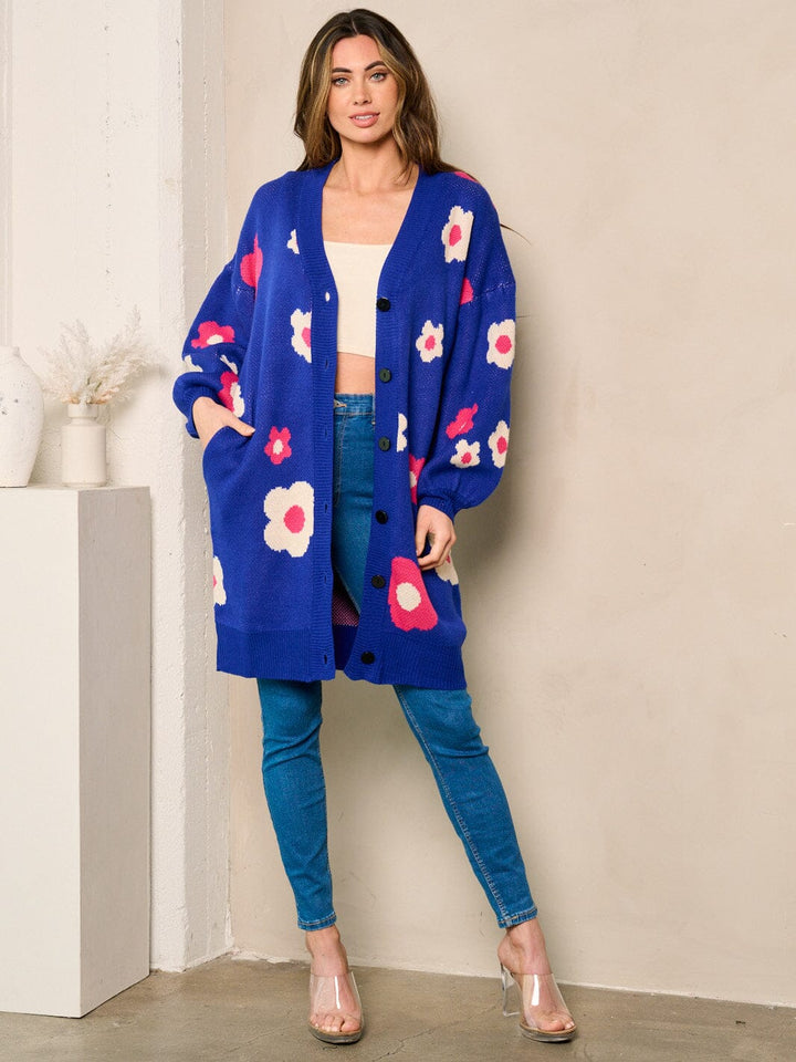WOMEN'S LONG SLEEVE BUTTON UP FLORAL OVERSIZED CARDIGAN