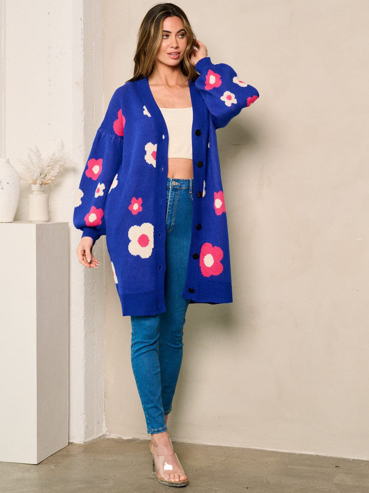 WOMEN'S LONG SLEEVE BUTTON UP FLORAL OVERSIZED CARDIGAN