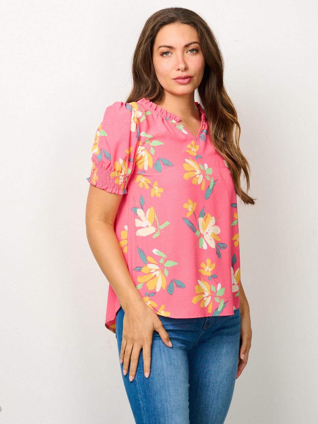 WOMEN'S SHORT PUFF SLEEVE V-NECK FLORAL BLOUSE TOP
